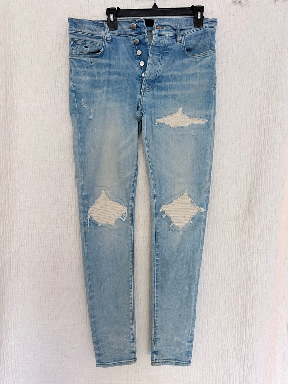 AMIRI MX1 Light Wash White Patch Distressed Jeans Size 34